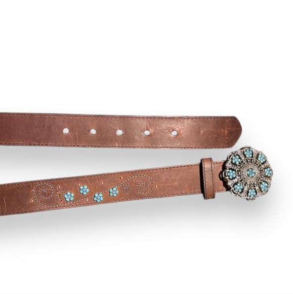 BRIGHTON Brown Leather Belt Blue Enameled Flowers Buckle w/ Embroidery & Rivets main image 5
